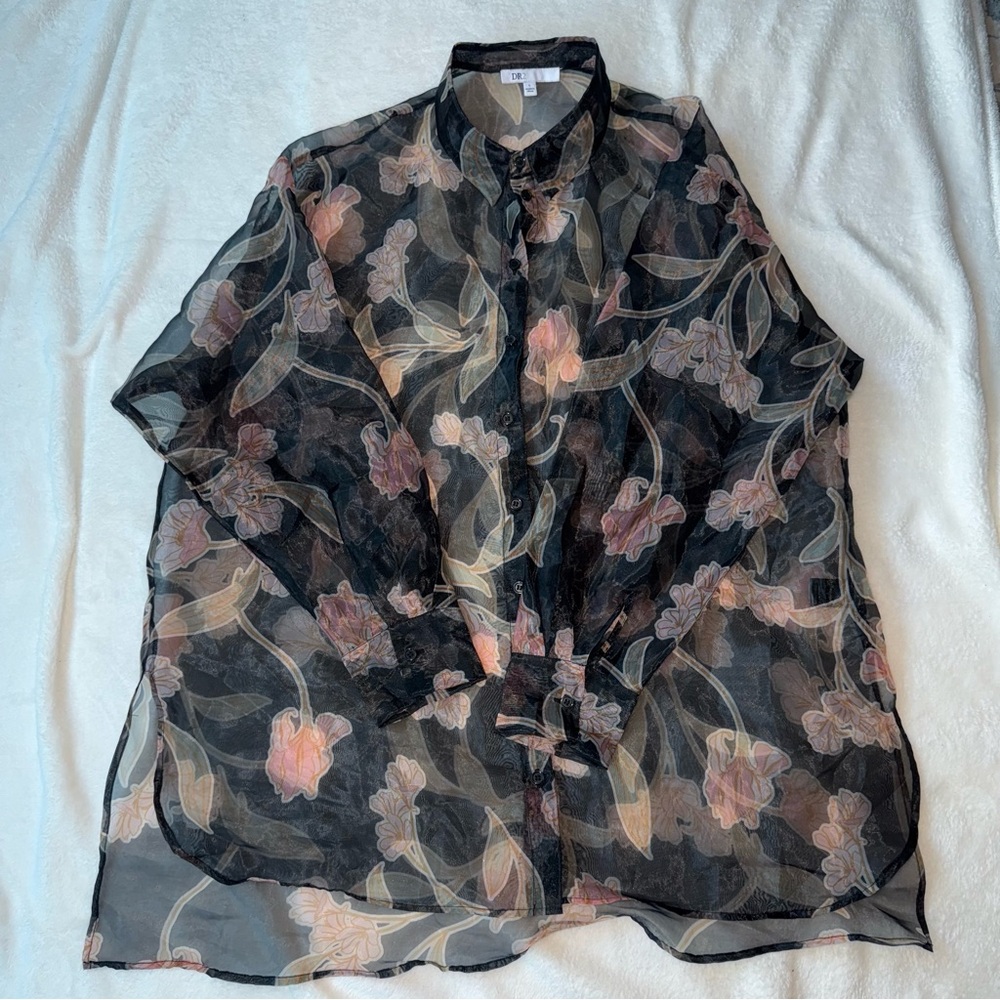 DR2 by Daniel Rainn Floral Sheer Black Blouse